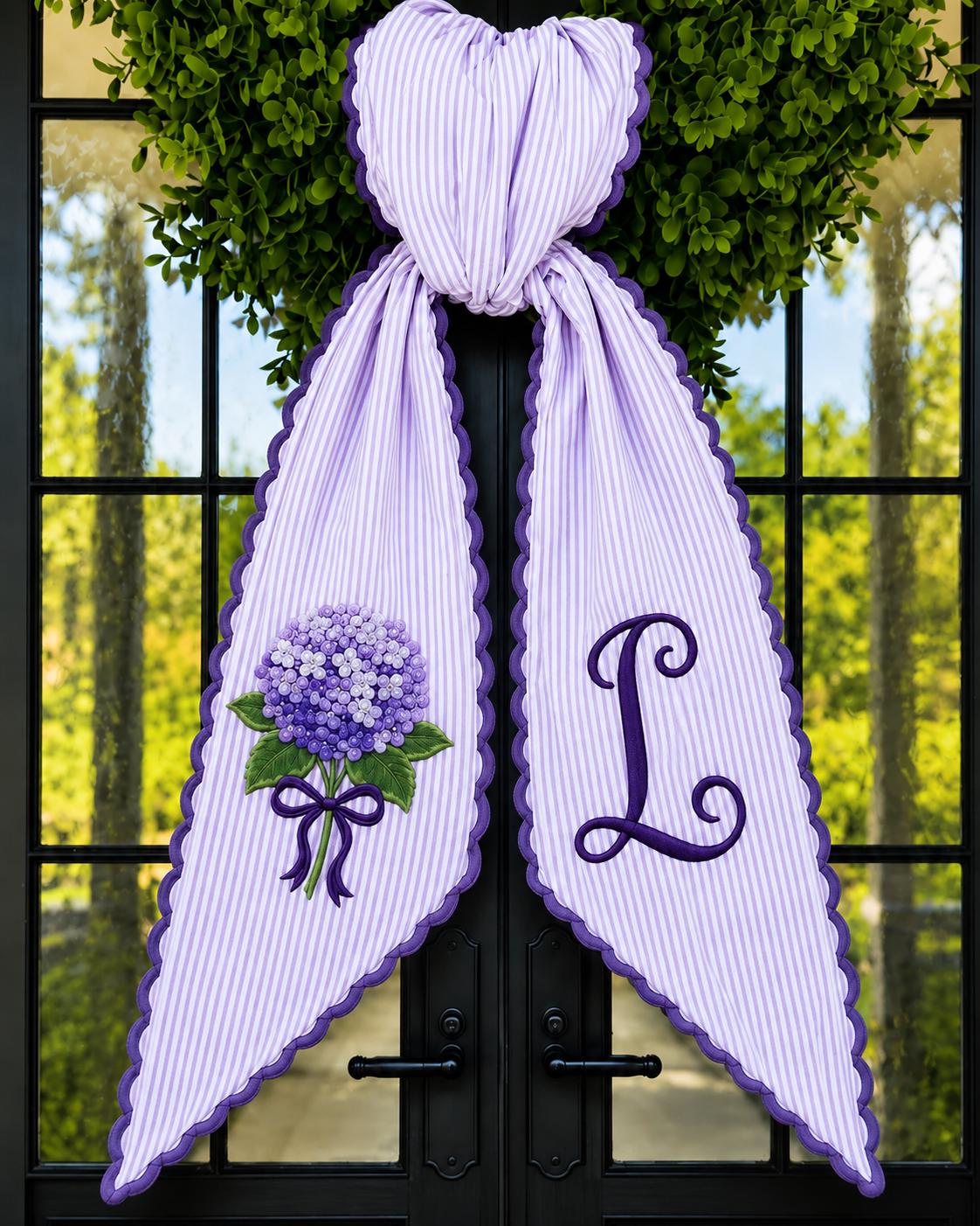 Personalized Hydrangea Wreath Sash with Embroidered Monogram Door Bow, Ticking Stripe Front Porch Decor, and Summer Floral Accent Gift - photo 5