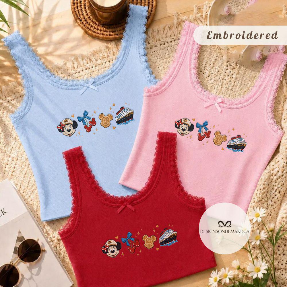 Embroidered Disney Cruise Line Coquette Minnie Mouse Lace Trim Tank Top – Wish Dream Magic Wonder Fantasy Tee for Girls Cruise Trip