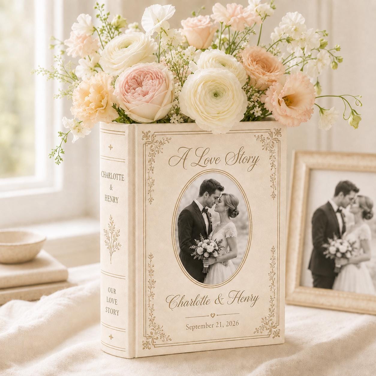 Personalized Photo Toile De Jouy Ceramic Book Vase with Custom Photo Love Story Vase for Wedding Gift for Couple and Anniversary Decor