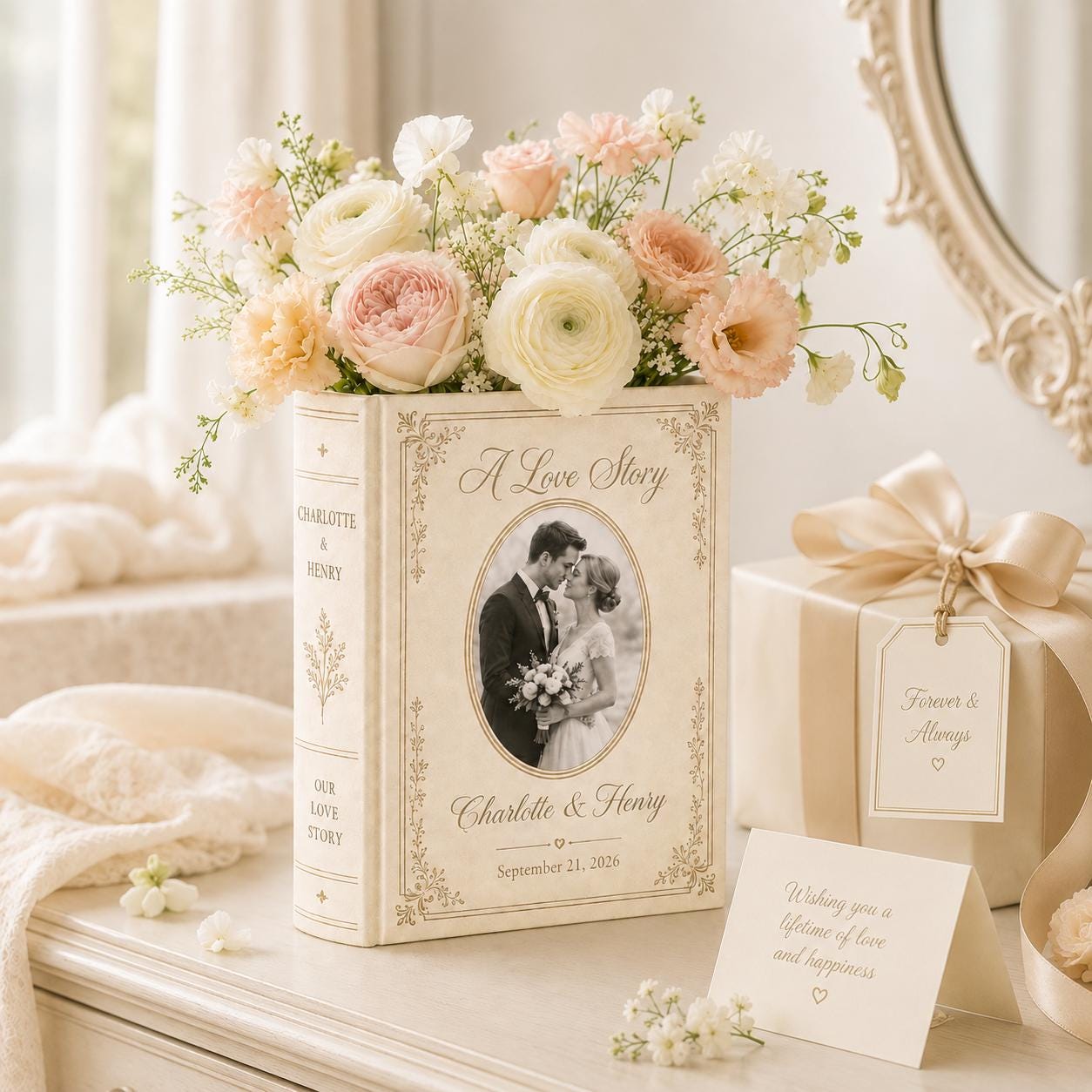 Personalized Photo Toile De Jouy Ceramic Book Vase with Custom Photo Love Story Vase for Wedding Gift for Couple and Anniversary Decor - photo 2