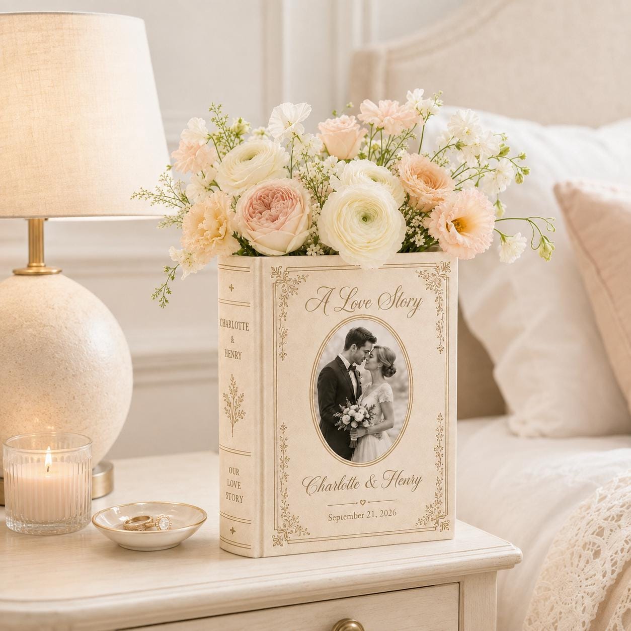 Personalized Photo Toile De Jouy Ceramic Book Vase with Custom Photo Love Story Vase for Wedding Gift for Couple and Anniversary Decor - photo 3