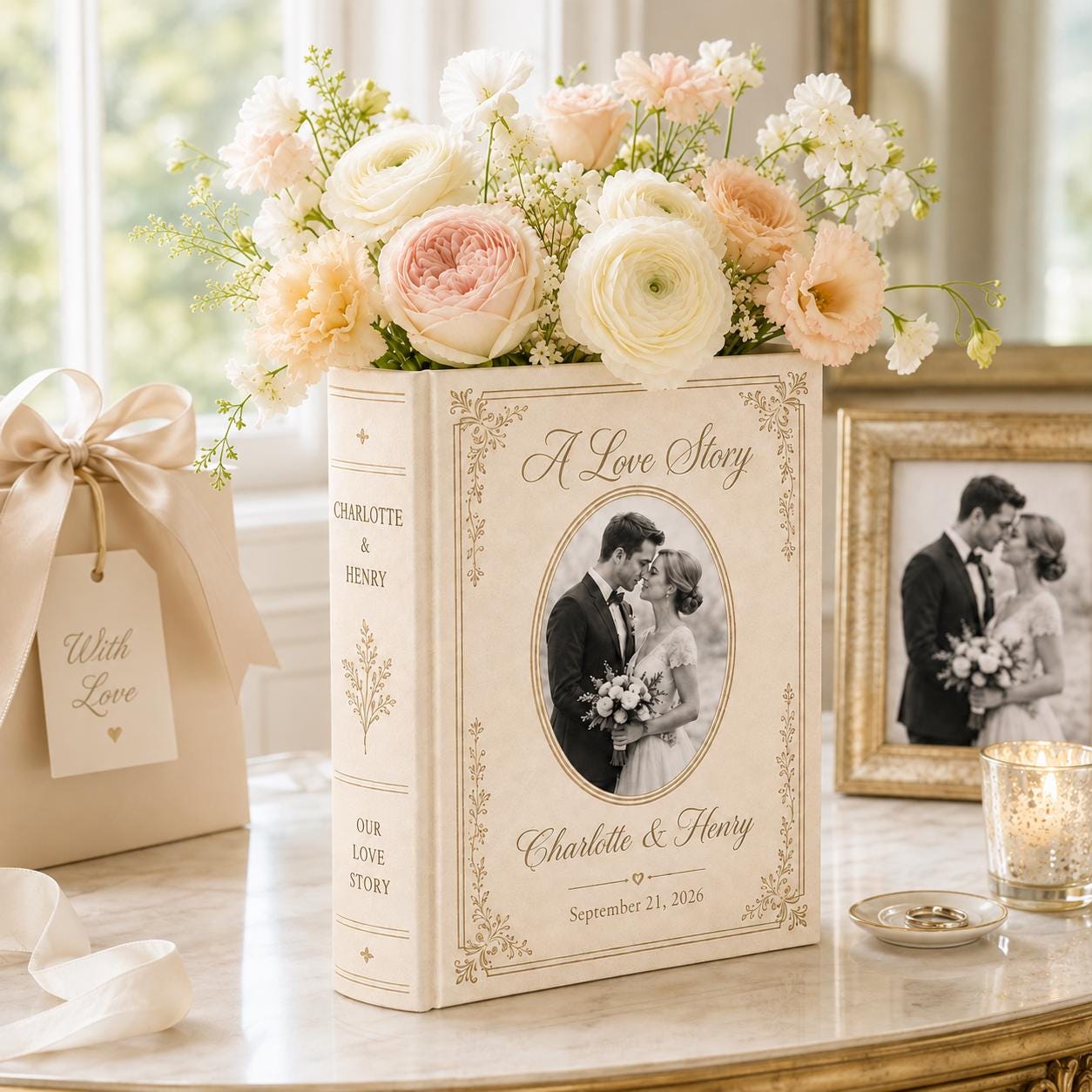 Personalized Photo Toile De Jouy Ceramic Book Vase with Custom Photo Love Story Vase for Wedding Gift for Couple and Anniversary Decor - photo 6