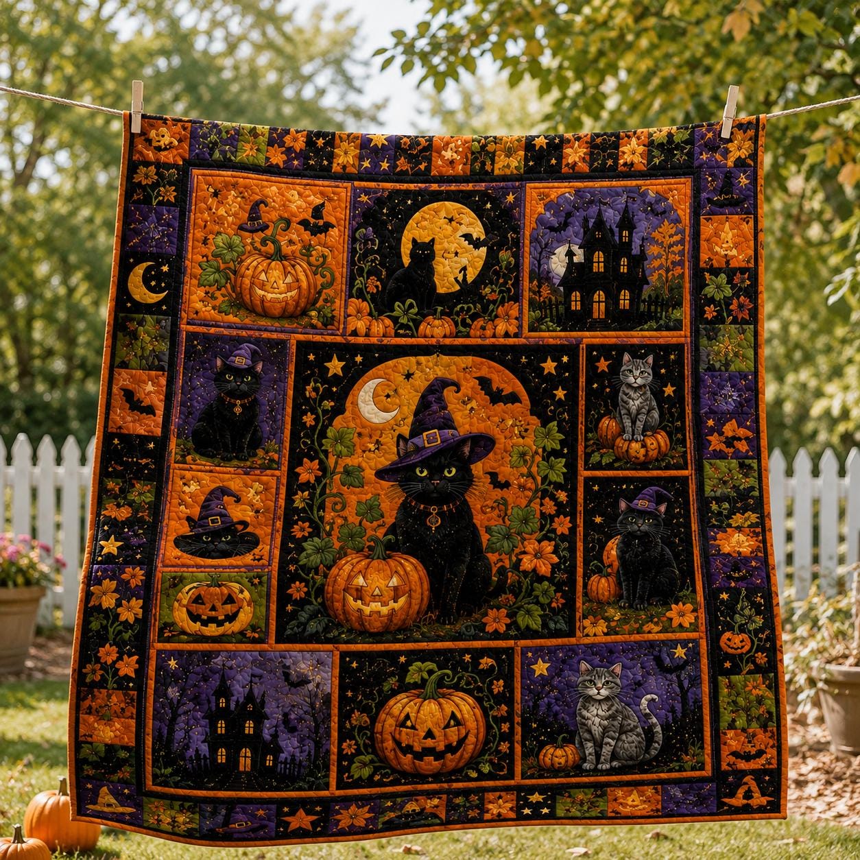 Halloween Patchwork Quilted Style Blanket with Happy Halloween Ghost Pumpkin Fall Throw for Vintage Halloween Decor