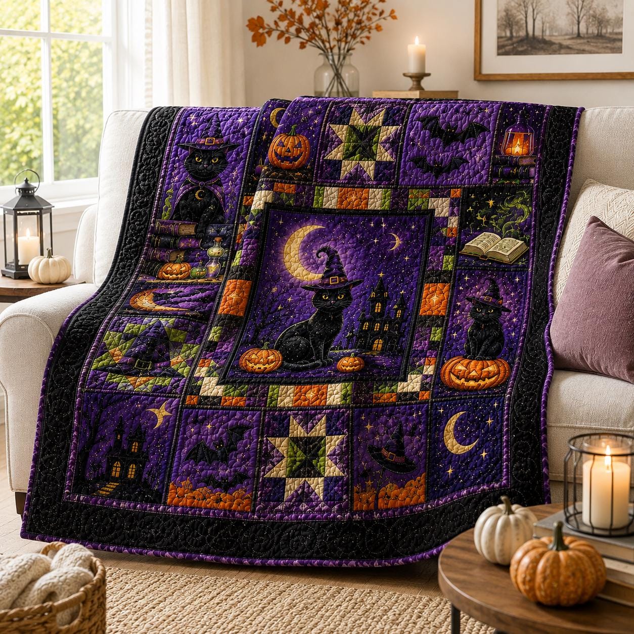 Halloween Patchwork Quilted Style Blanket with Happy Halloween Ghost Pumpkin Fall Throw for Vintage Halloween Decor - photo 2