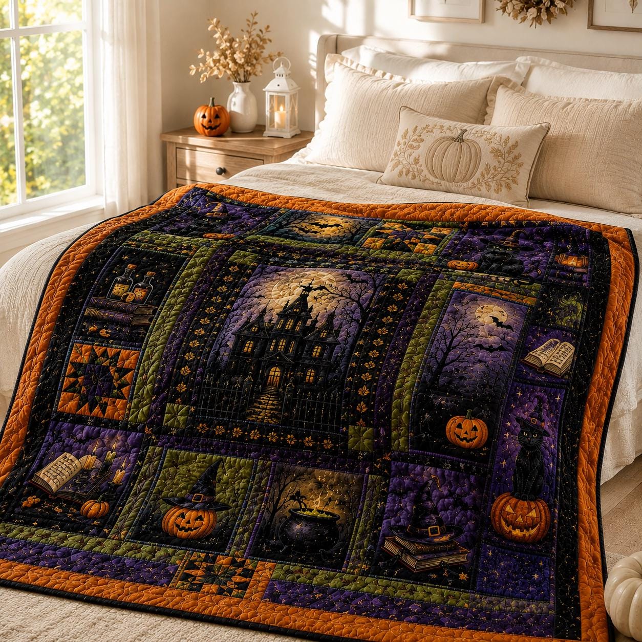 Halloween Patchwork Quilted Style Blanket with Happy Halloween Ghost Pumpkin Fall Throw for Vintage Halloween Decor - photo 3