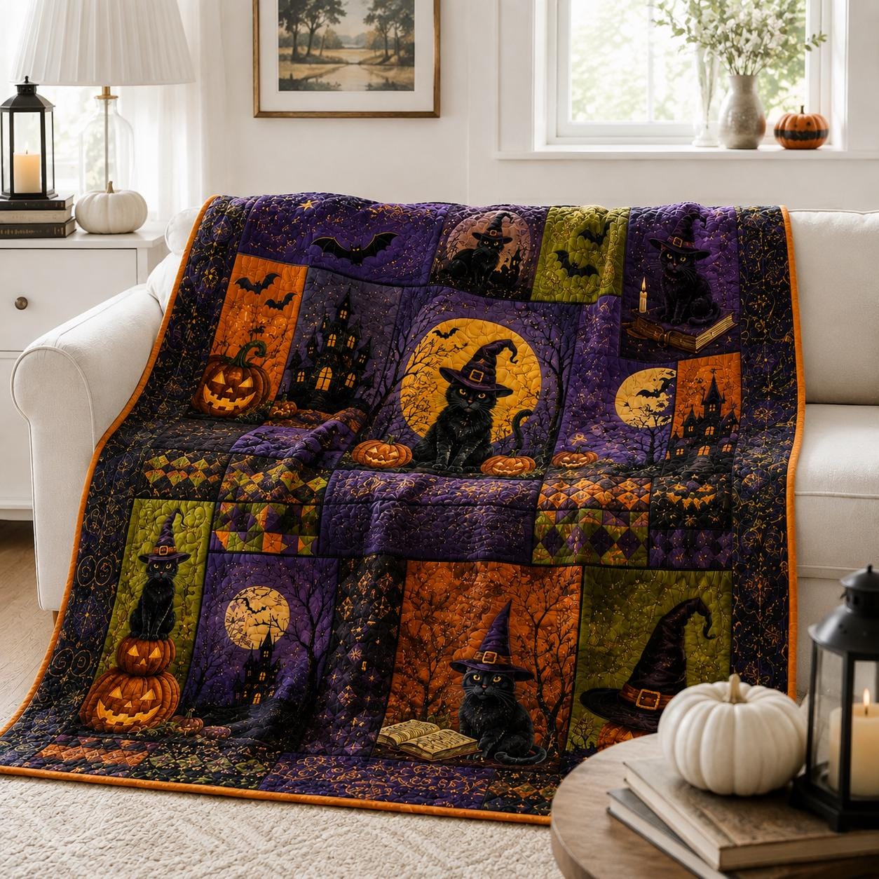 Halloween Patchwork Quilted Style Blanket with Happy Halloween Ghost Pumpkin Fall Throw for Vintage Halloween Decor - photo 6