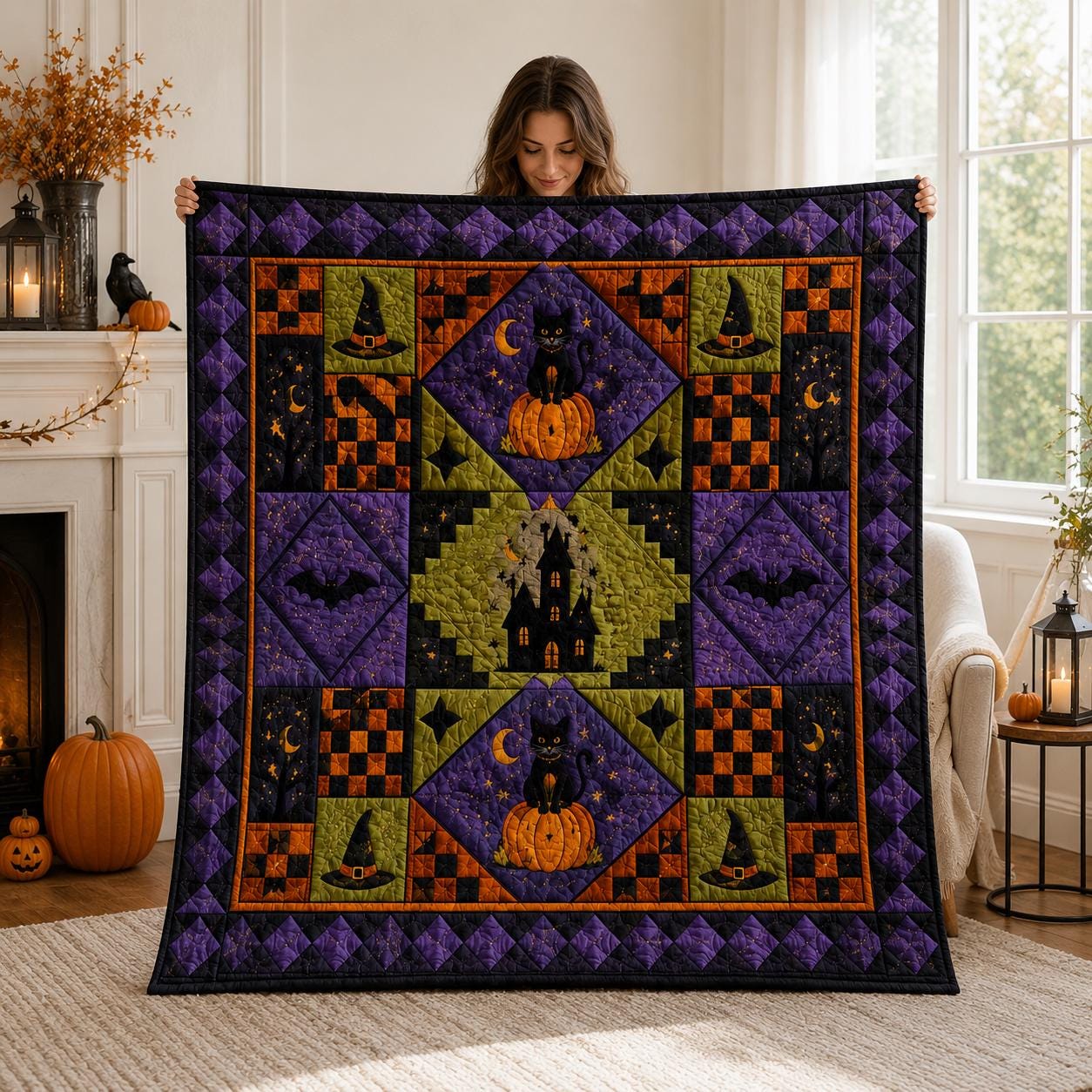 Halloween Patchwork Quilted Style Blanket with Happy Halloween Ghost Pumpkin Fall Throw for Vintage Halloween Decor - photo 7