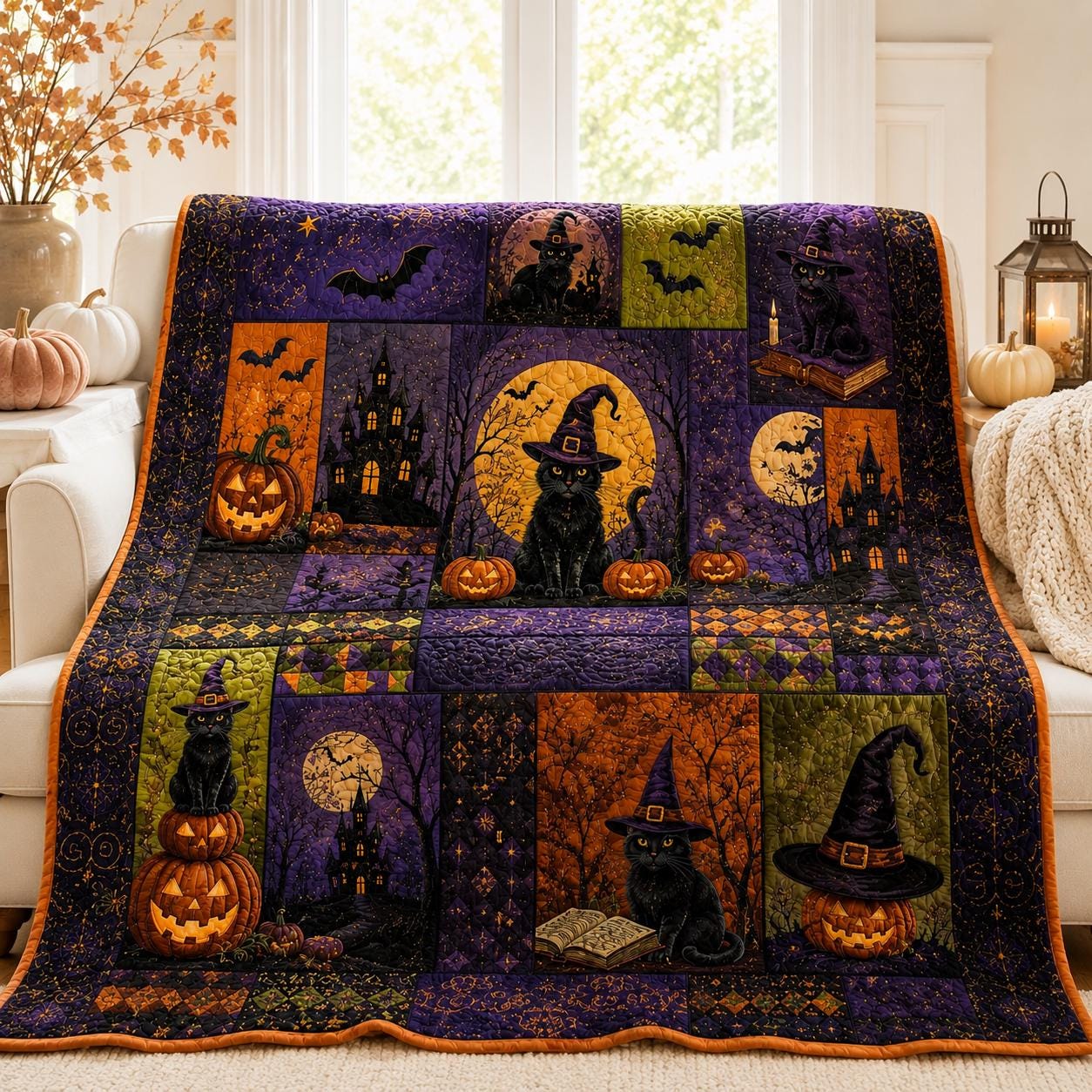 Halloween Patchwork Quilted Style Blanket with Happy Halloween Ghost Pumpkin Fall Throw for Vintage Halloween Decor - photo 8