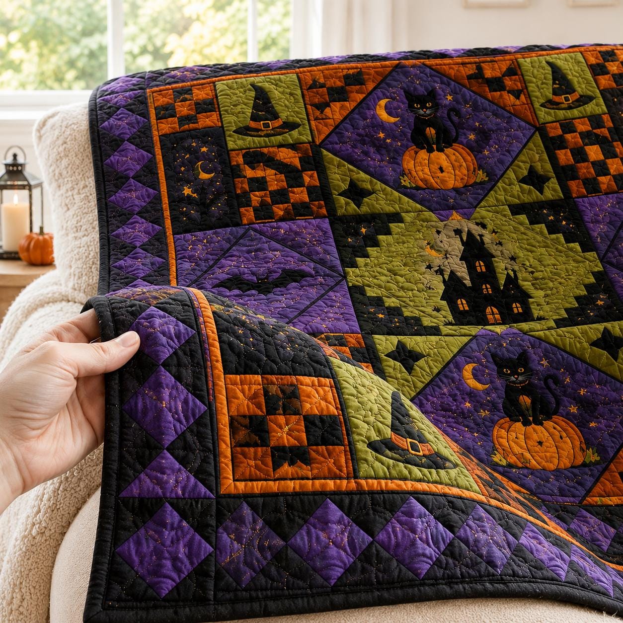 Halloween Patchwork Quilted Style Blanket with Happy Halloween Ghost Pumpkin Fall Throw for Vintage Halloween Decor - photo 9