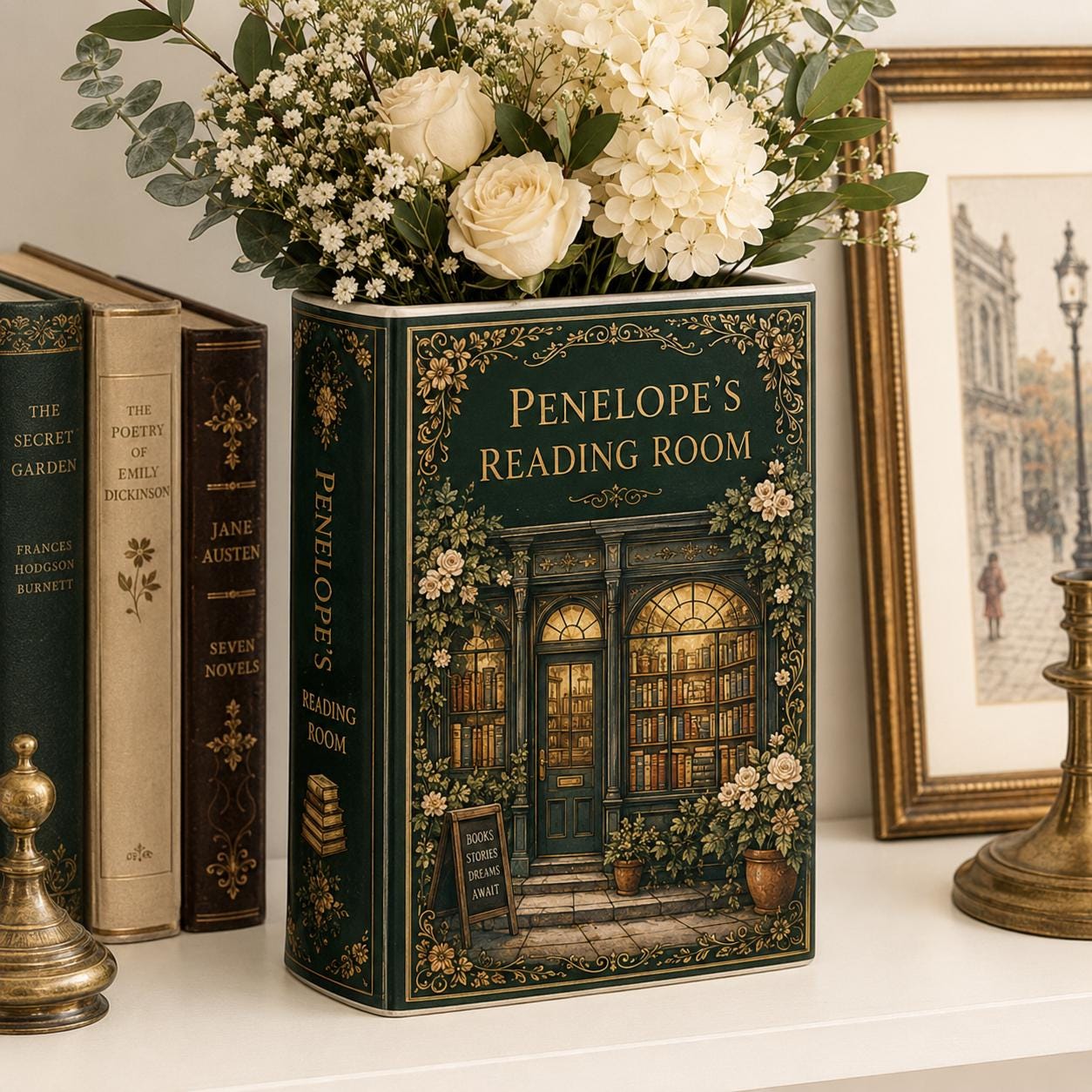 Personalized Book Vase with Custom Reading Room Ceramic Vase for Vintage Library Decor, Book Lover Gift and Floral Shelf Vase