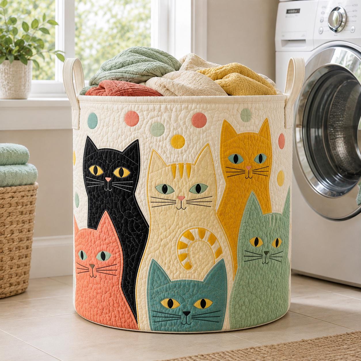 Laundry Basket and Fabric Storage Bin with Funny Cat Quitted Design and Cute Hamper for Cat Lover Gift