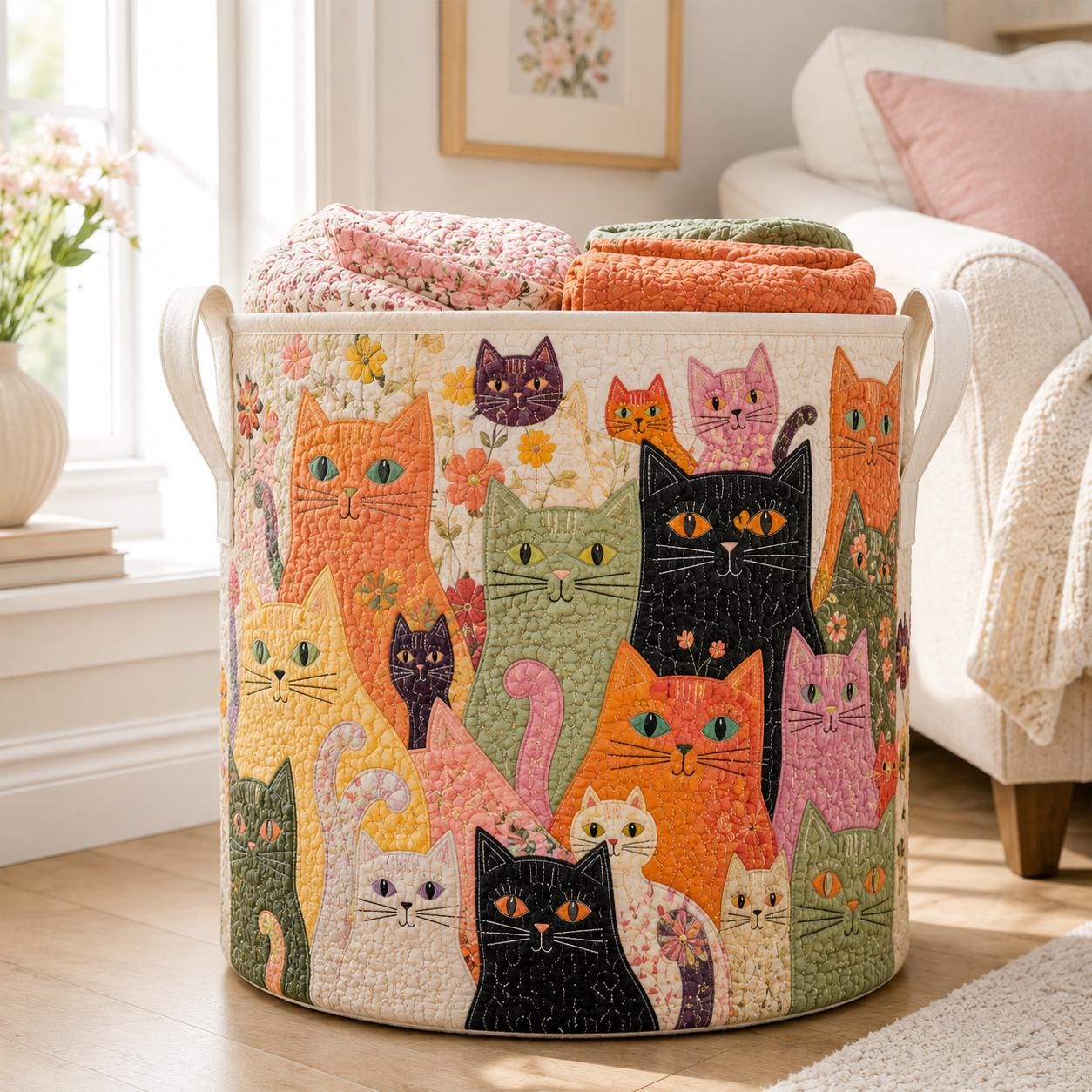 Laundry Basket and Fabric Storage Bin with Funny Cat Quitted Design and Cute Hamper for Cat Lover Gift - photo 2