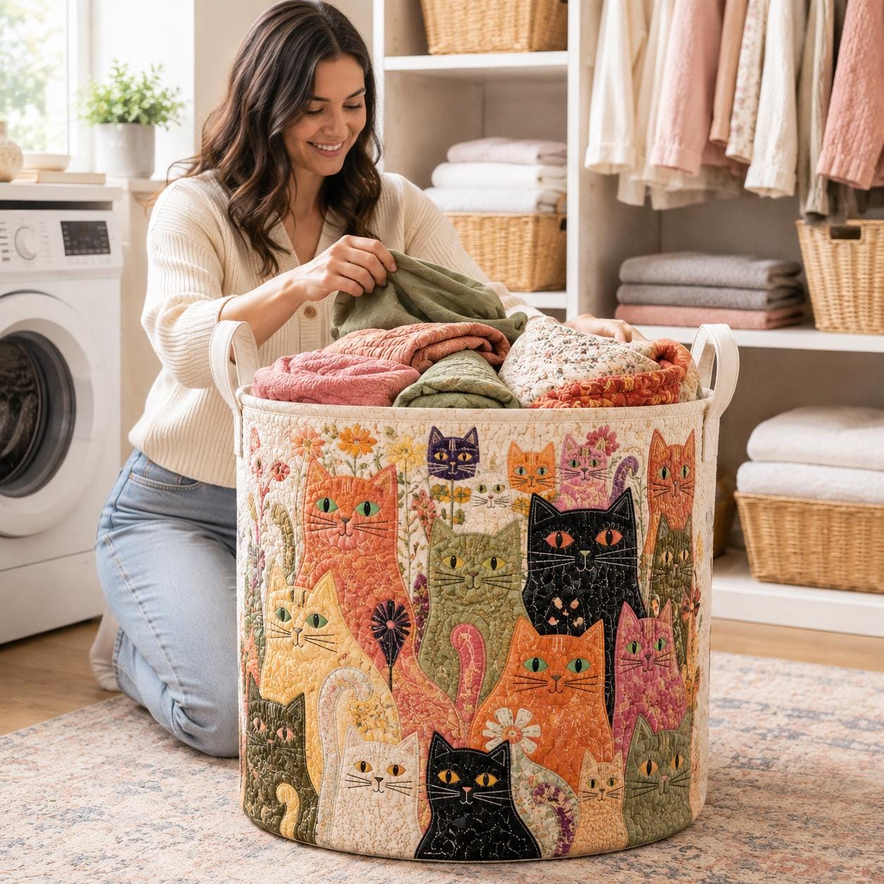 Laundry Basket and Fabric Storage Bin with Funny Cat Quitted Design and Cute Hamper for Cat Lover Gift - photo 3