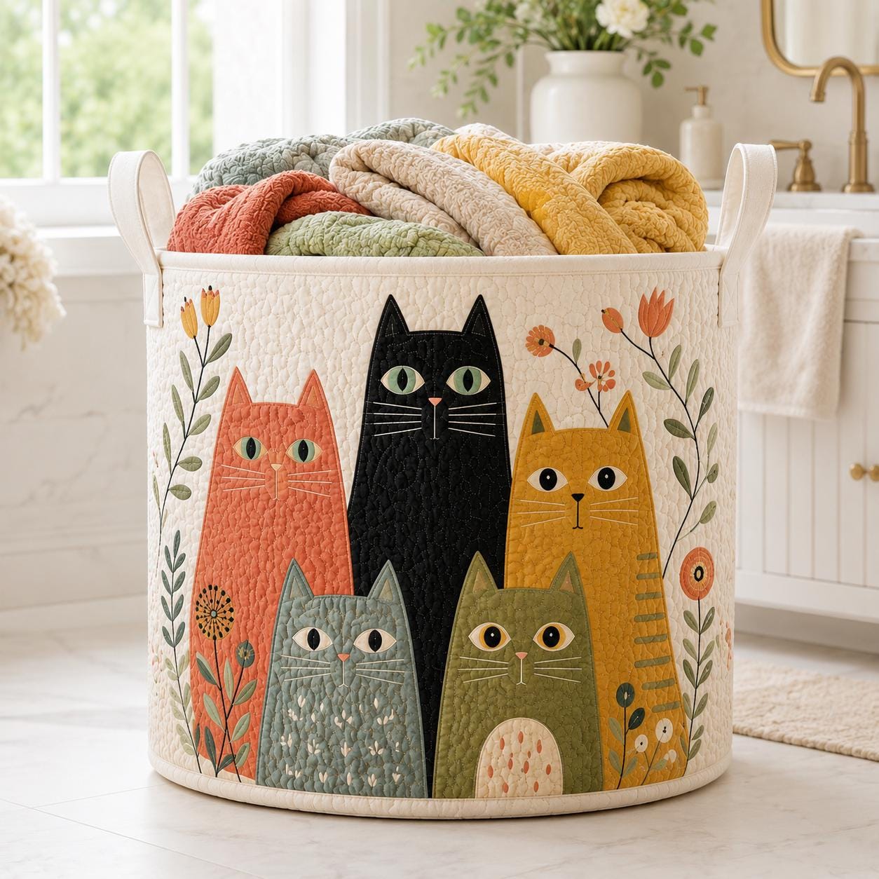 Laundry Basket and Fabric Storage Bin with Funny Cat Quitted Design and Cute Hamper for Cat Lover Gift - photo 6