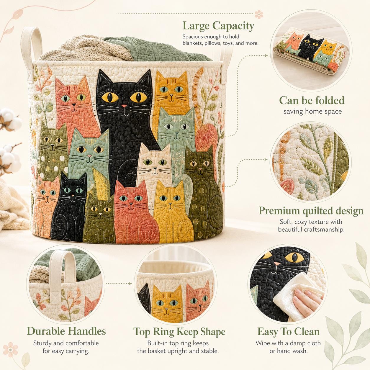 Laundry Basket and Fabric Storage Bin with Funny Cat Quitted Design and Cute Hamper for Cat Lover Gift - photo 7