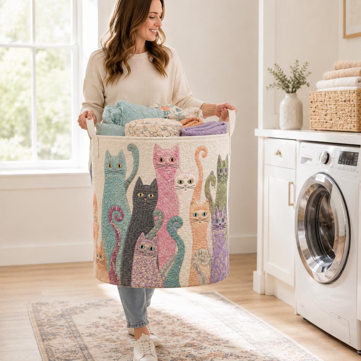 Laundry Basket and Fabric Storage Bin with Funny Cat Quitted Design and Cute Hamper for Cat Lover Gift - photo 8