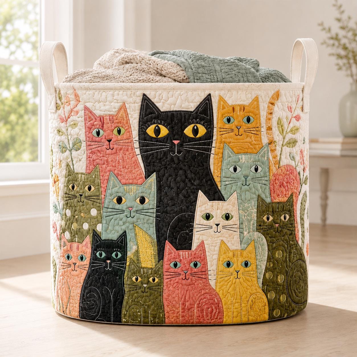 Laundry Basket and Fabric Storage Bin with Funny Cat Quitted Design and Cute Hamper for Cat Lover Gift - photo 9