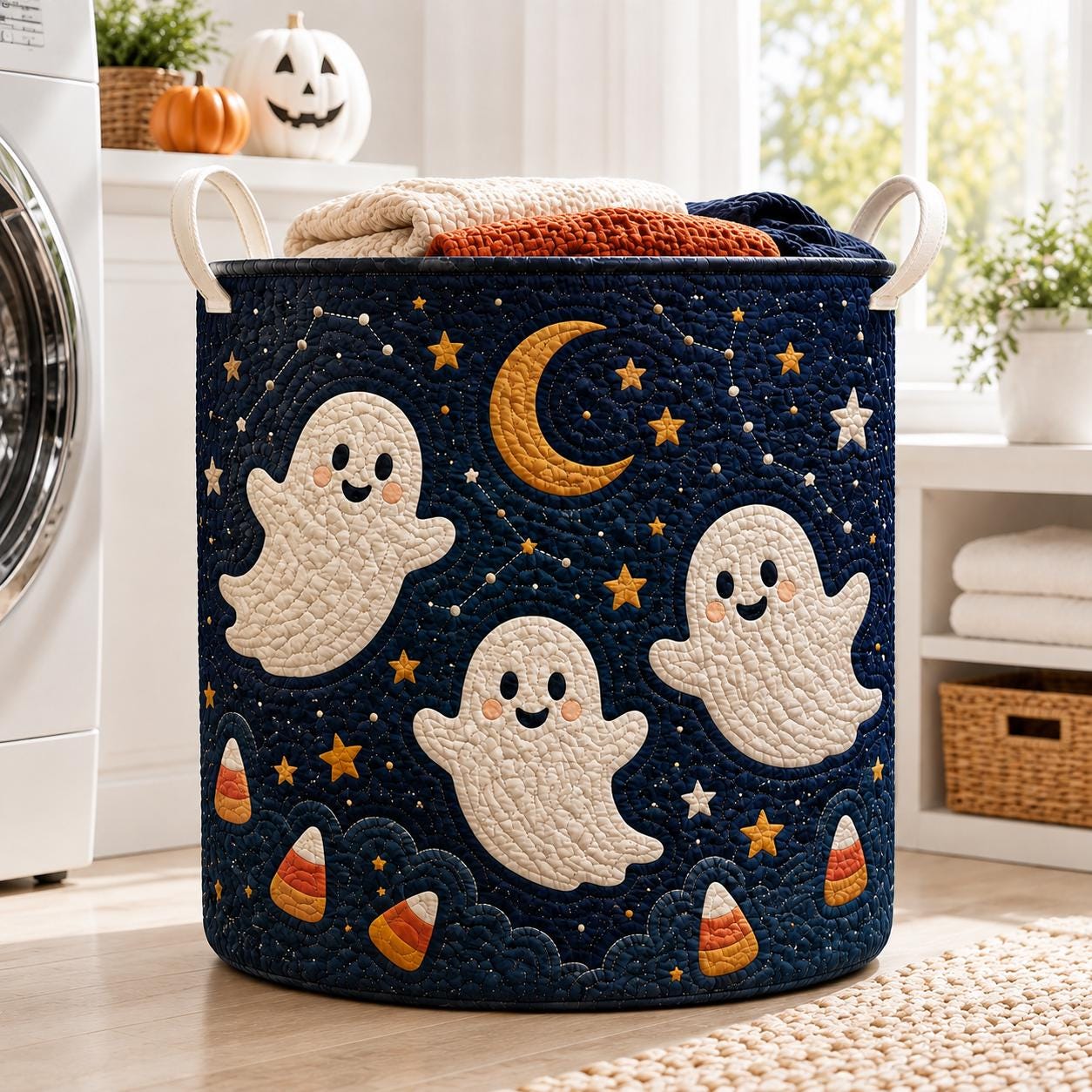 Halloween Ghost Laundry Basket with Quilted Style Storage Hamper for Spooky Ghost Decor, Candy Corn Basket and Room Organizer