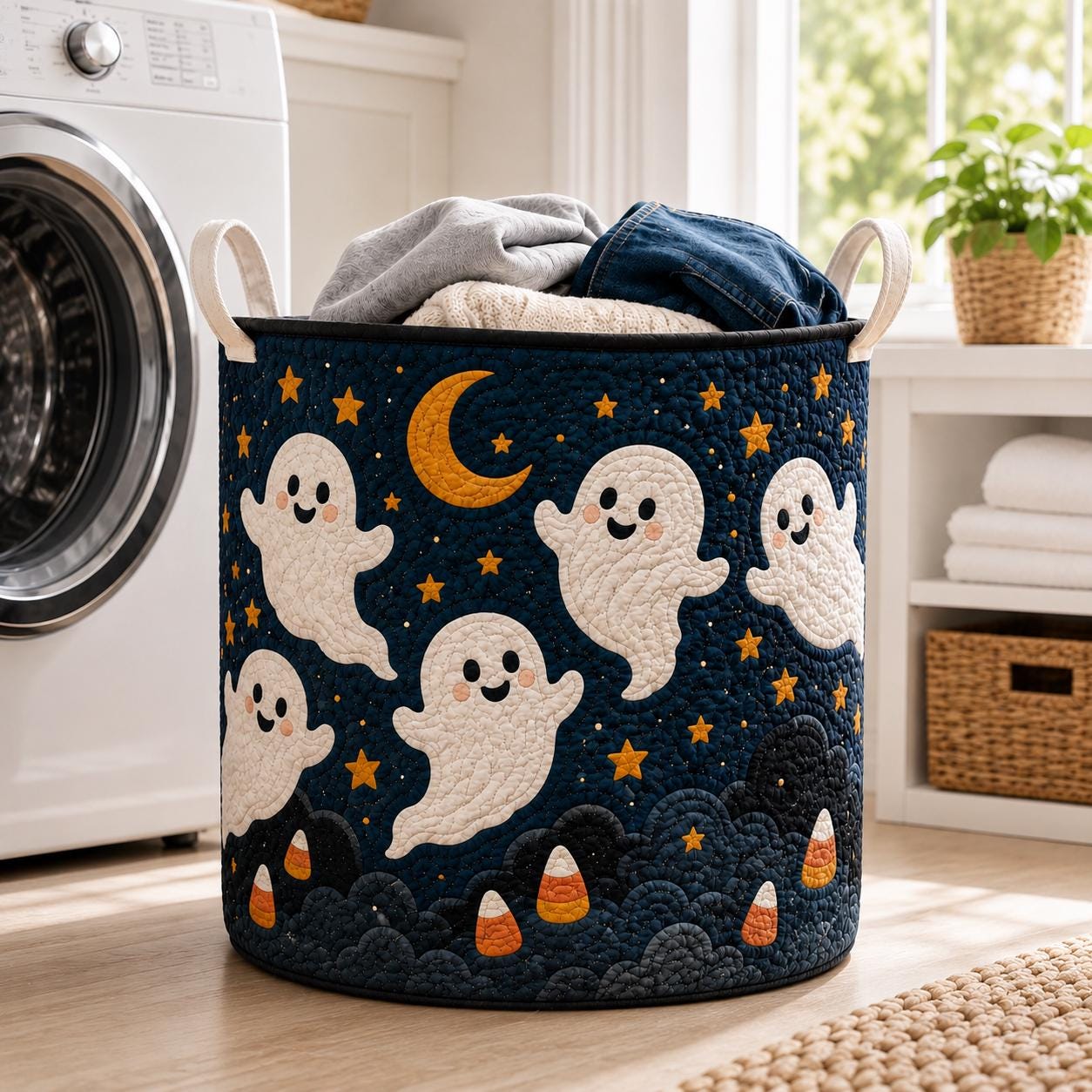 Halloween Ghost Laundry Basket with Quilted Style Storage Hamper for Spooky Ghost Decor, Candy Corn Basket and Room Organizer - photo 2