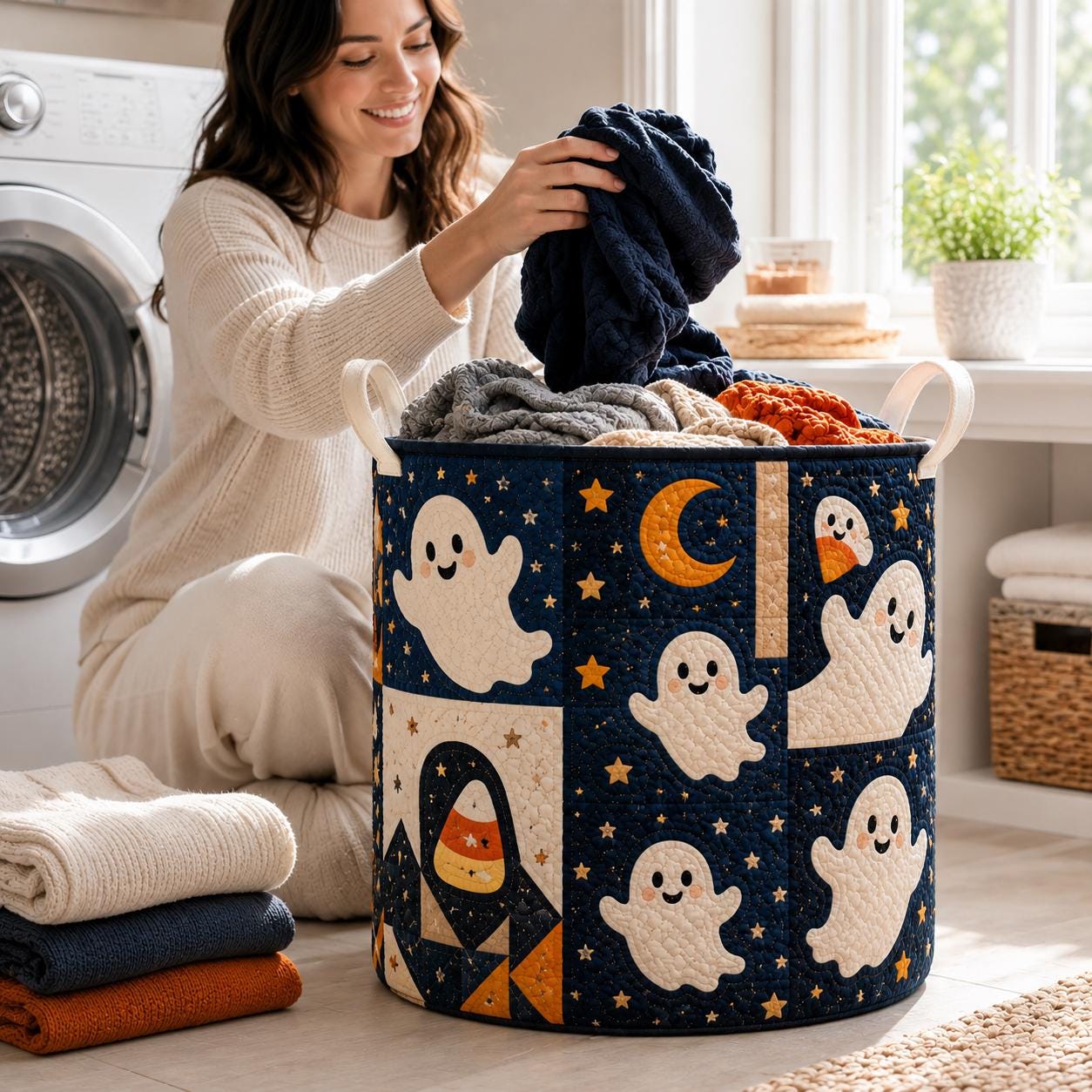 Halloween Ghost Laundry Basket with Quilted Style Storage Hamper for Spooky Ghost Decor, Candy Corn Basket and Room Organizer - photo 3