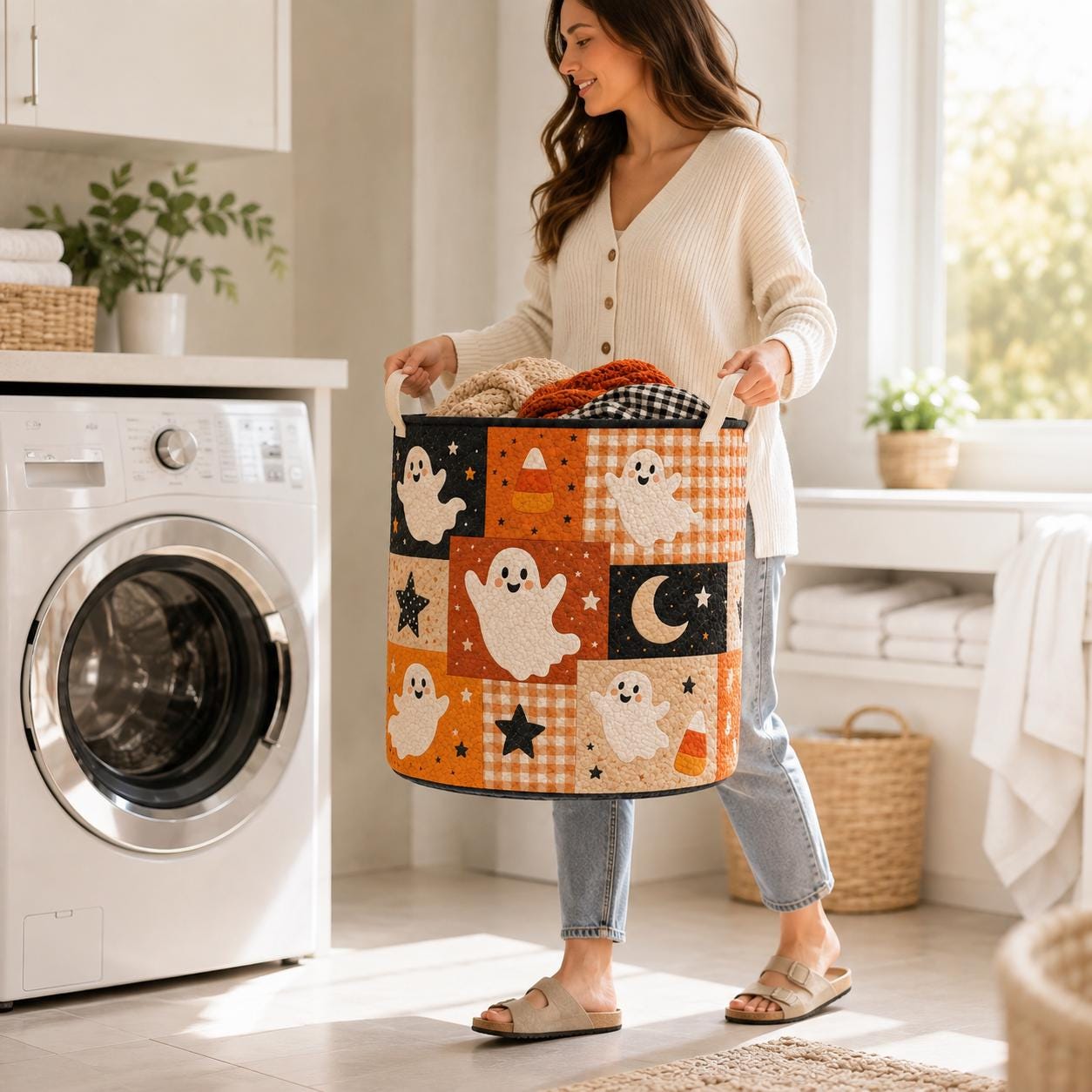 Halloween Ghost Laundry Basket with Quilted Style Storage Hamper for Spooky Ghost Decor, Candy Corn Basket and Room Organizer - photo 6