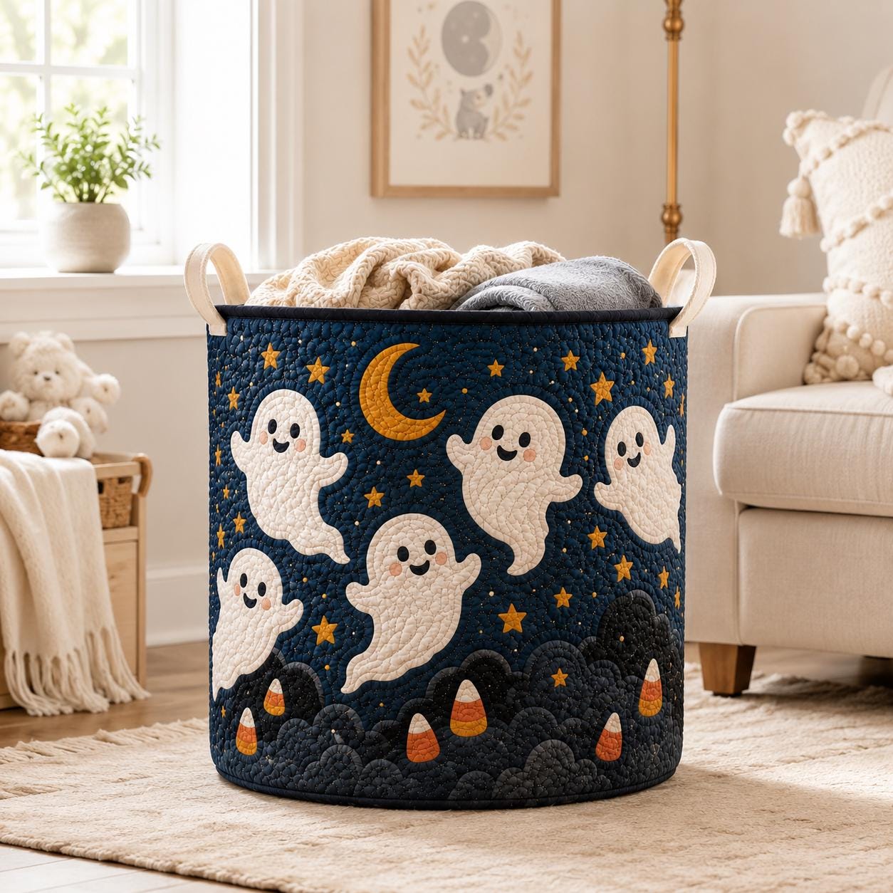 Halloween Ghost Laundry Basket with Quilted Style Storage Hamper for Spooky Ghost Decor, Candy Corn Basket and Room Organizer - photo 7