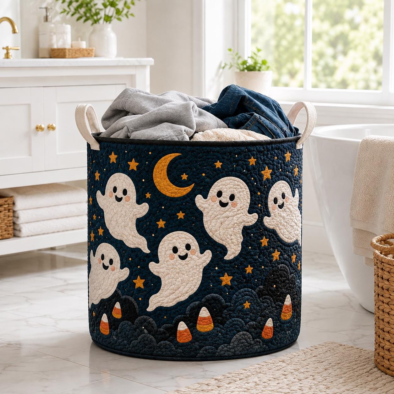 Halloween Ghost Laundry Basket with Quilted Style Storage Hamper for Spooky Ghost Decor, Candy Corn Basket and Room Organizer - photo 8
