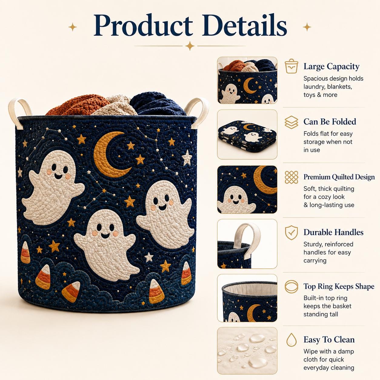 Halloween Ghost Laundry Basket with Quilted Style Storage Hamper for Spooky Ghost Decor, Candy Corn Basket and Room Organizer - photo 9