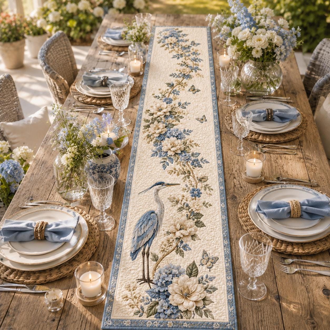 Blue Heron Quilted Style Table Runner with Coastal Bird Table Runner and Vintage Botanical Dining Decor for Farmhouse Table Linen Gift