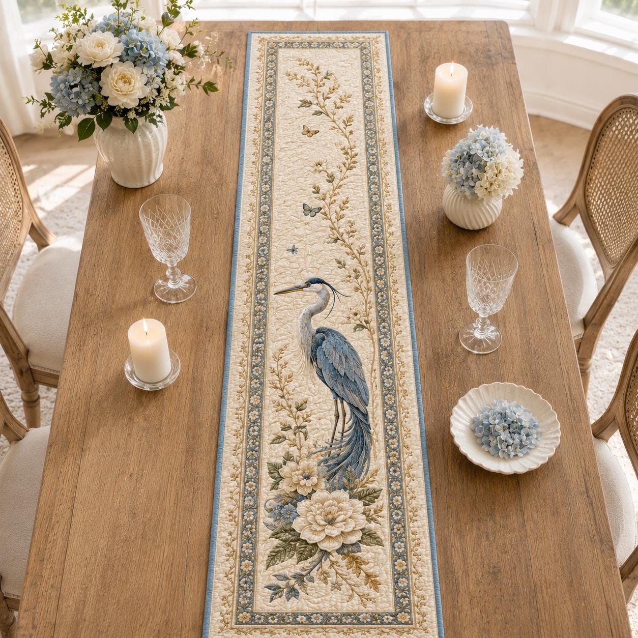 Blue Heron Quilted Style Table Runner with Coastal Bird Table Runner and Vintage Botanical Dining Decor for Farmhouse Table Linen Gift - photo 2