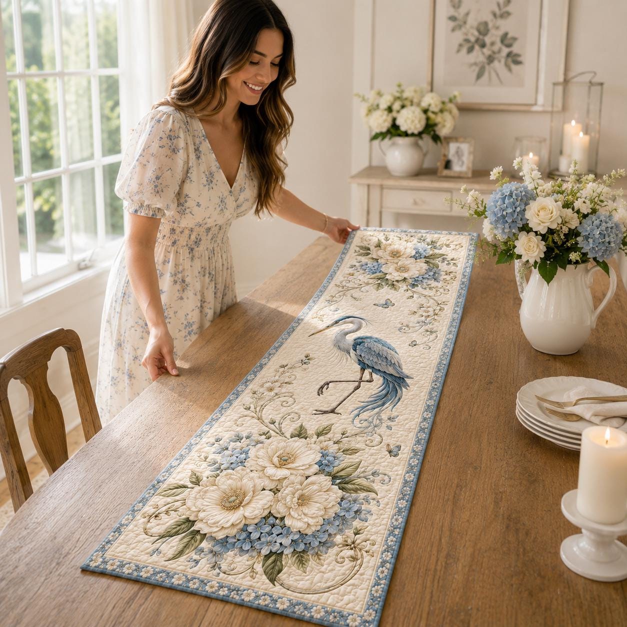 Blue Heron Quilted Style Table Runner with Coastal Bird Table Runner and Vintage Botanical Dining Decor for Farmhouse Table Linen Gift - photo 3