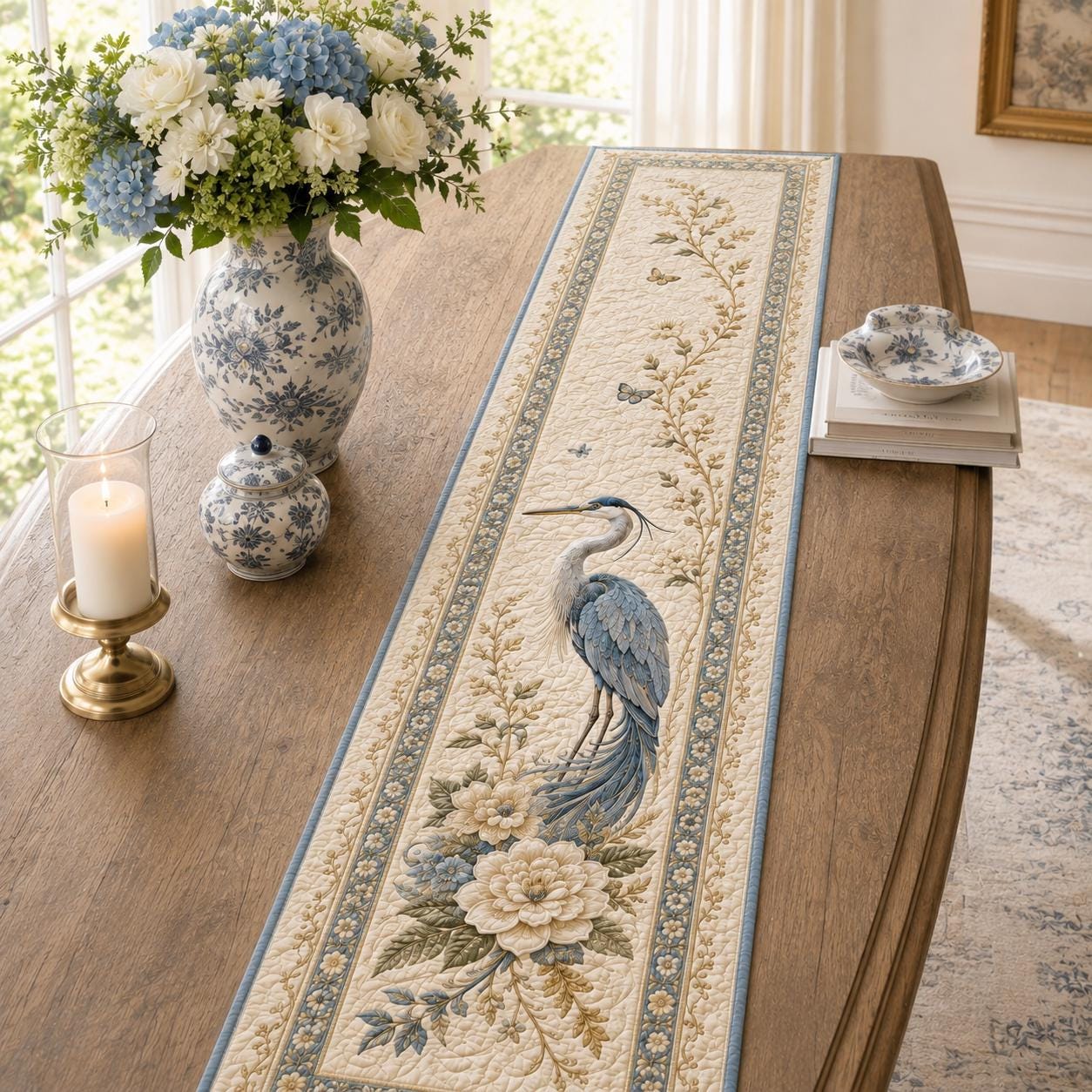 Blue Heron Quilted Style Table Runner with Coastal Bird Table Runner and Vintage Botanical Dining Decor for Farmhouse Table Linen Gift - photo 7