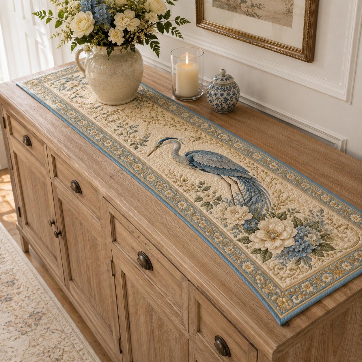 Blue Heron Quilted Style Table Runner with Coastal Bird Table Runner and Vintage Botanical Dining Decor for Farmhouse Table Linen Gift - photo 8