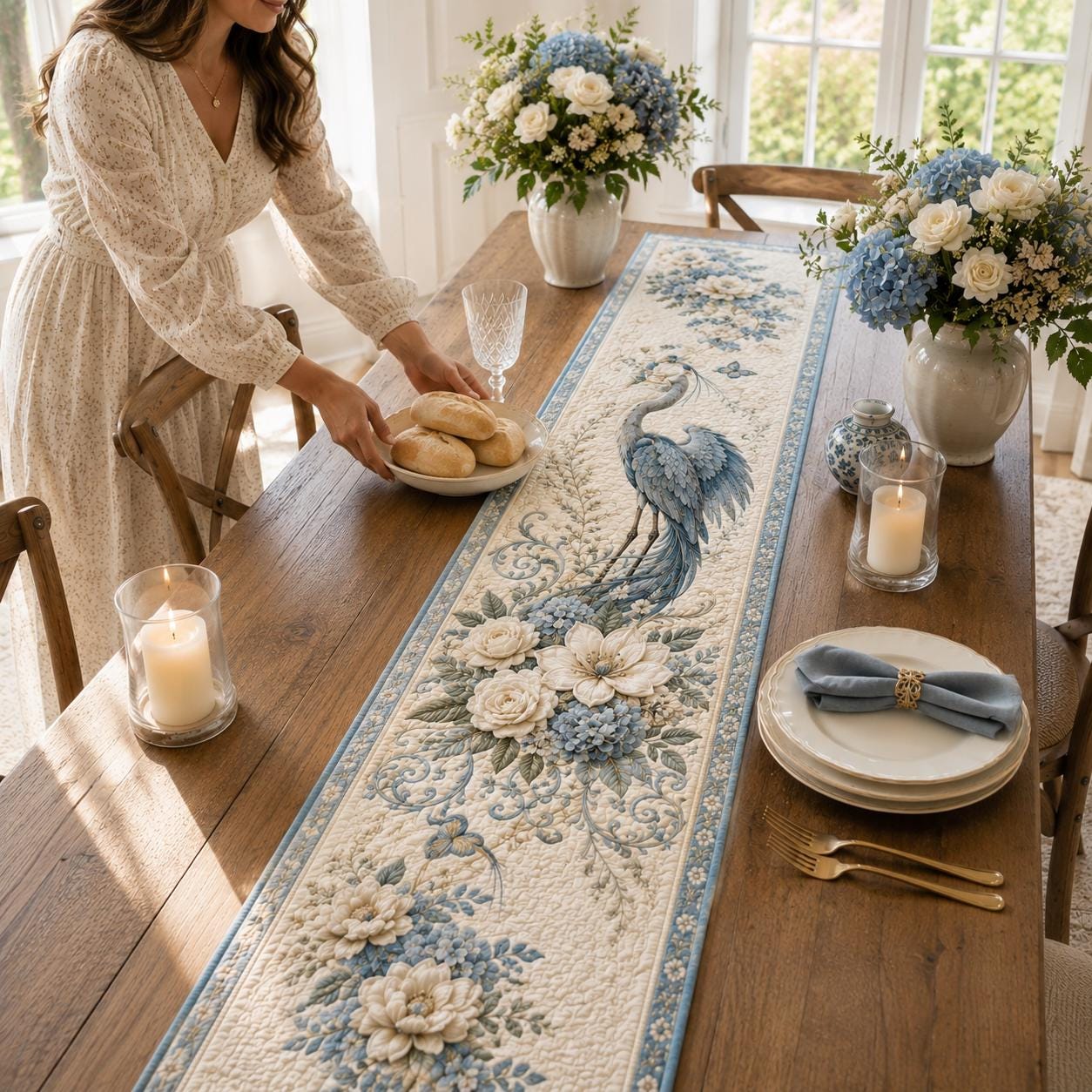 Blue Heron Quilted Style Table Runner with Coastal Bird Table Runner and Vintage Botanical Dining Decor for Farmhouse Table Linen Gift - photo 9