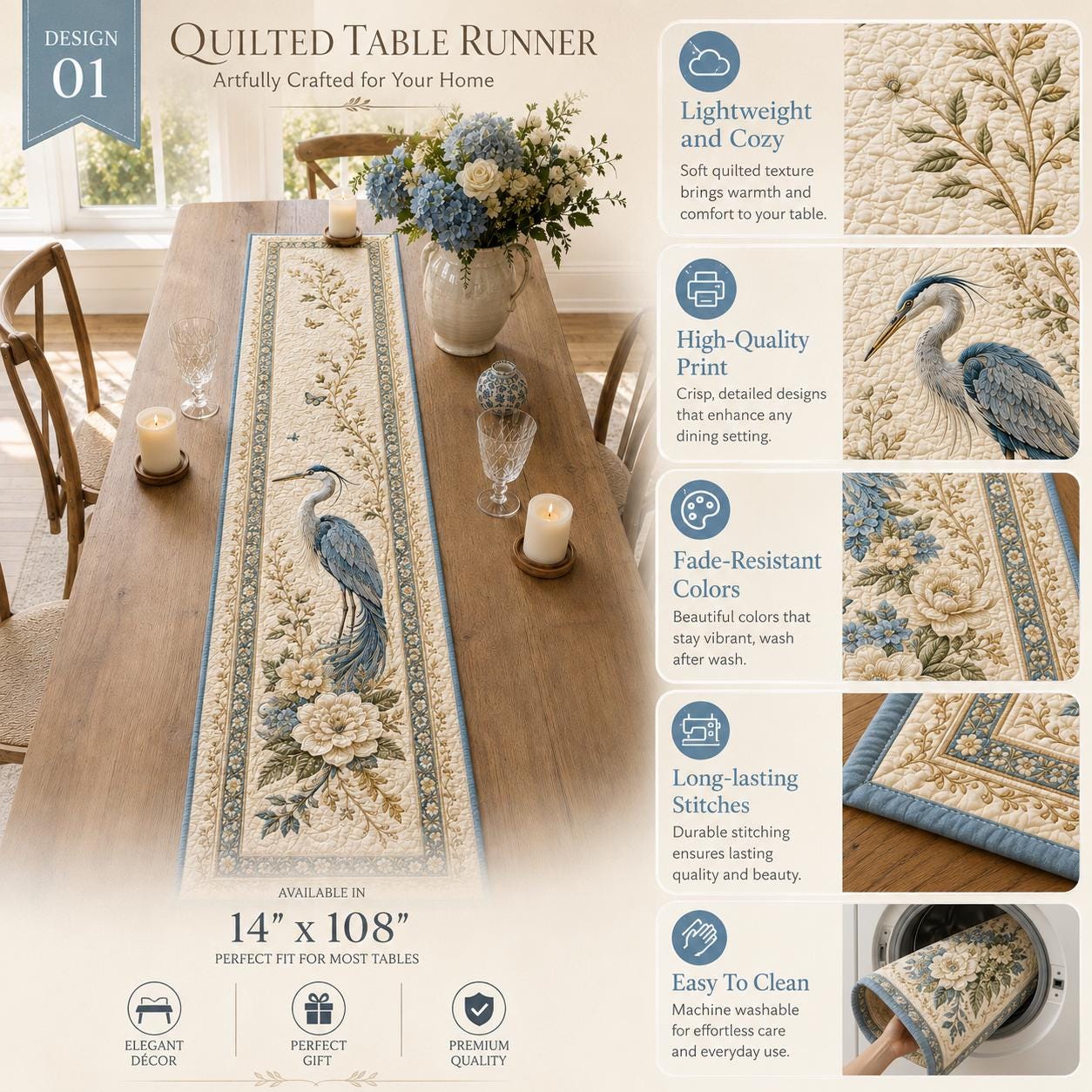 Blue Heron Quilted Style Table Runner with Coastal Bird Table Runner and Vintage Botanical Dining Decor for Farmhouse Table Linen Gift - photo 10