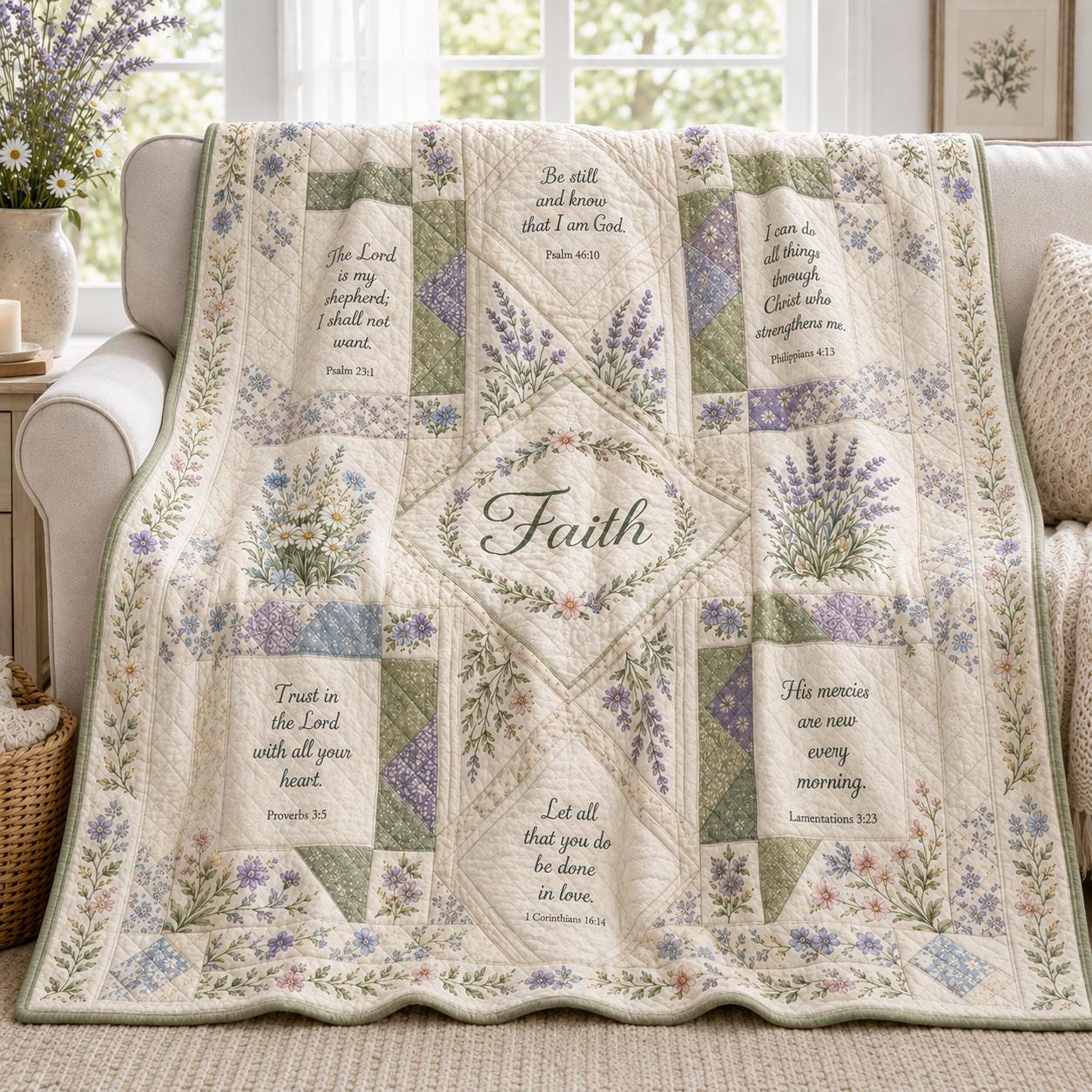 Christian Floral Patchwork Custom Quilted Style Blanket with Bible Verses, Personalized Name Cottagecore Bedding and Faith Prayer Throw