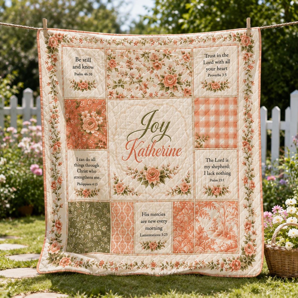 Christian Floral Patchwork Custom Quilted Style Blanket with Bible Verses, Personalized Name Cottagecore Bedding and Faith Prayer Throw - photo 2