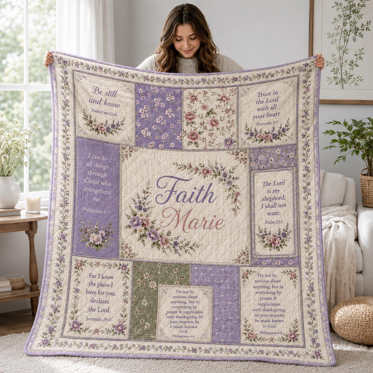 Christian Floral Patchwork Custom Quilted Style Blanket with Bible Verses, Personalized Name Cottagecore Bedding and Faith Prayer Throw - photo 3