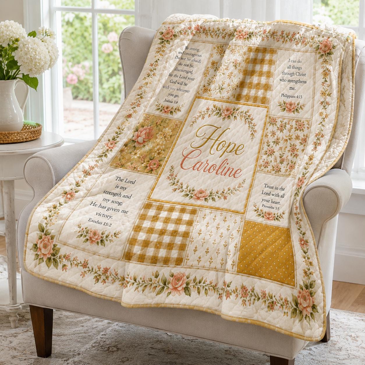 Christian Floral Patchwork Custom Quilted Style Blanket with Bible Verses, Personalized Name Cottagecore Bedding and Faith Prayer Throw - photo 7