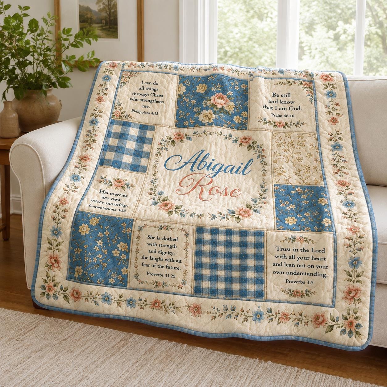 Christian Floral Patchwork Custom Quilted Style Blanket with Bible Verses, Personalized Name Cottagecore Bedding and Faith Prayer Throw - photo 8
