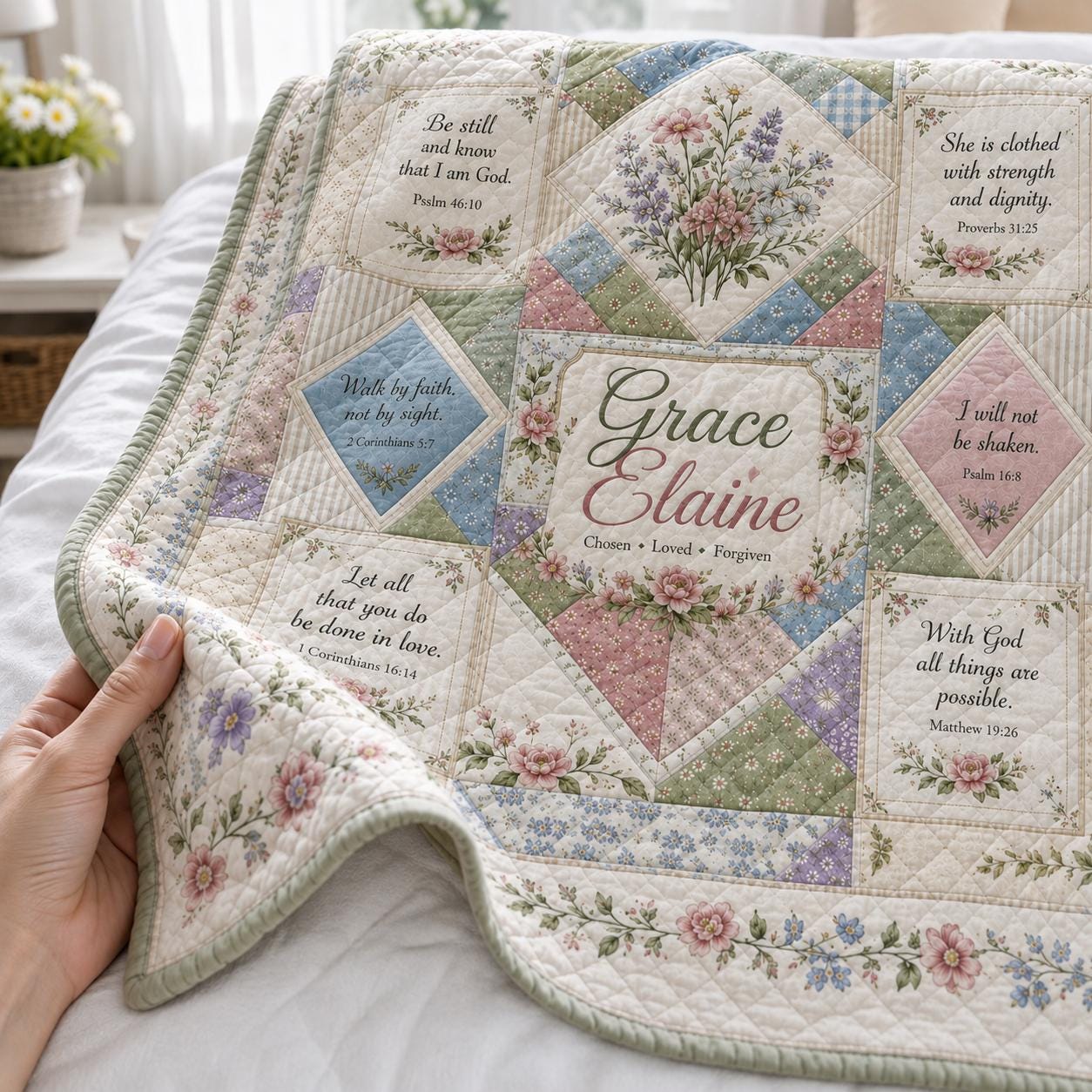 Christian Floral Patchwork Custom Quilted Style Blanket with Bible Verses, Personalized Name Cottagecore Bedding and Faith Prayer Throw - photo 9