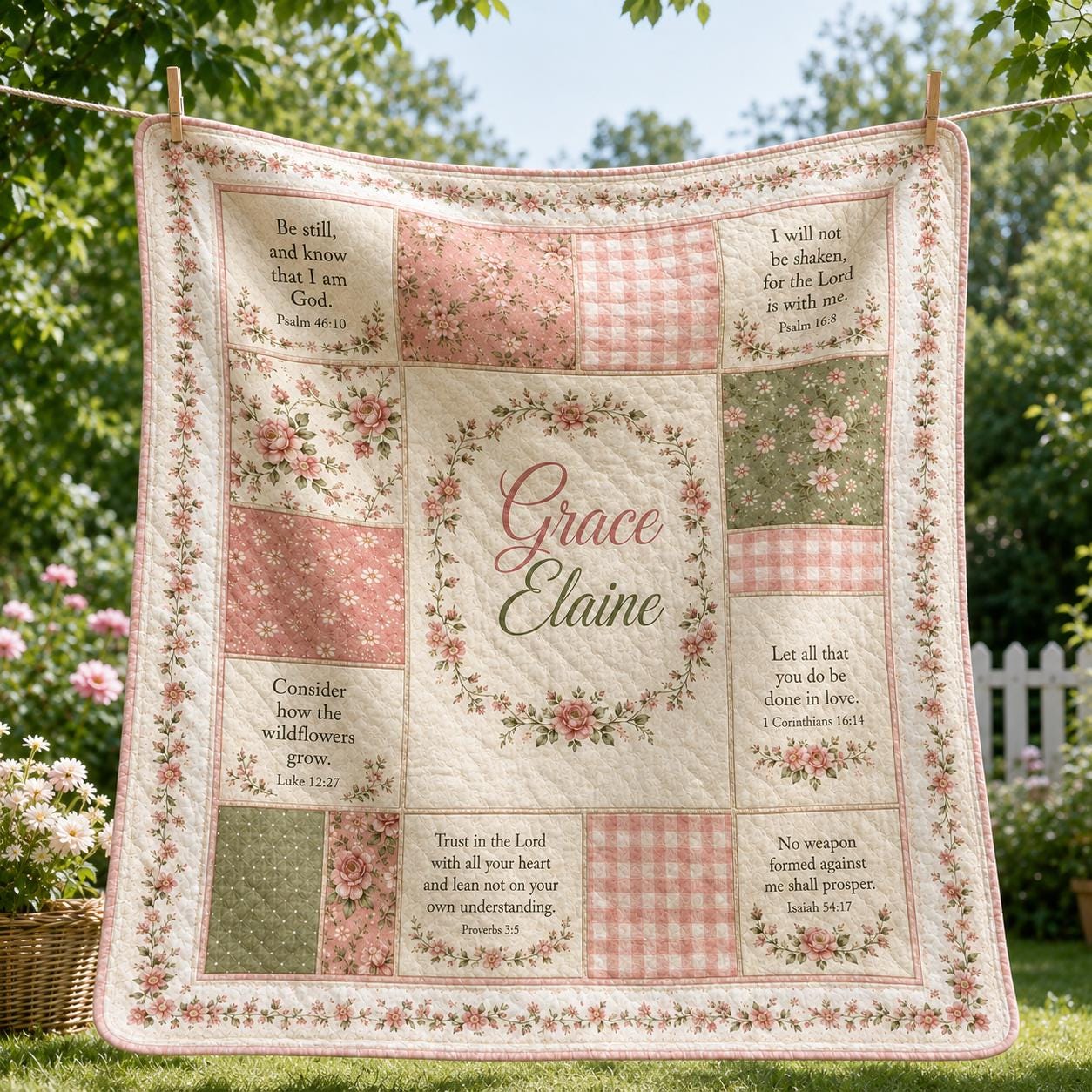 Christian Floral Patchwork Custom Quilted Style Blanket with Bible Verses, Personalized Name Cottagecore Bedding and Faith Prayer Throw - photo 10