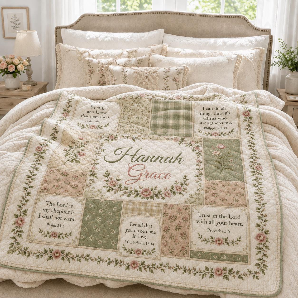 Christian Floral Patchwork Custom Quilted Style Blanket with Bible Verses, Personalized Name Cottagecore Bedding and Faith Prayer Throw - photo 11