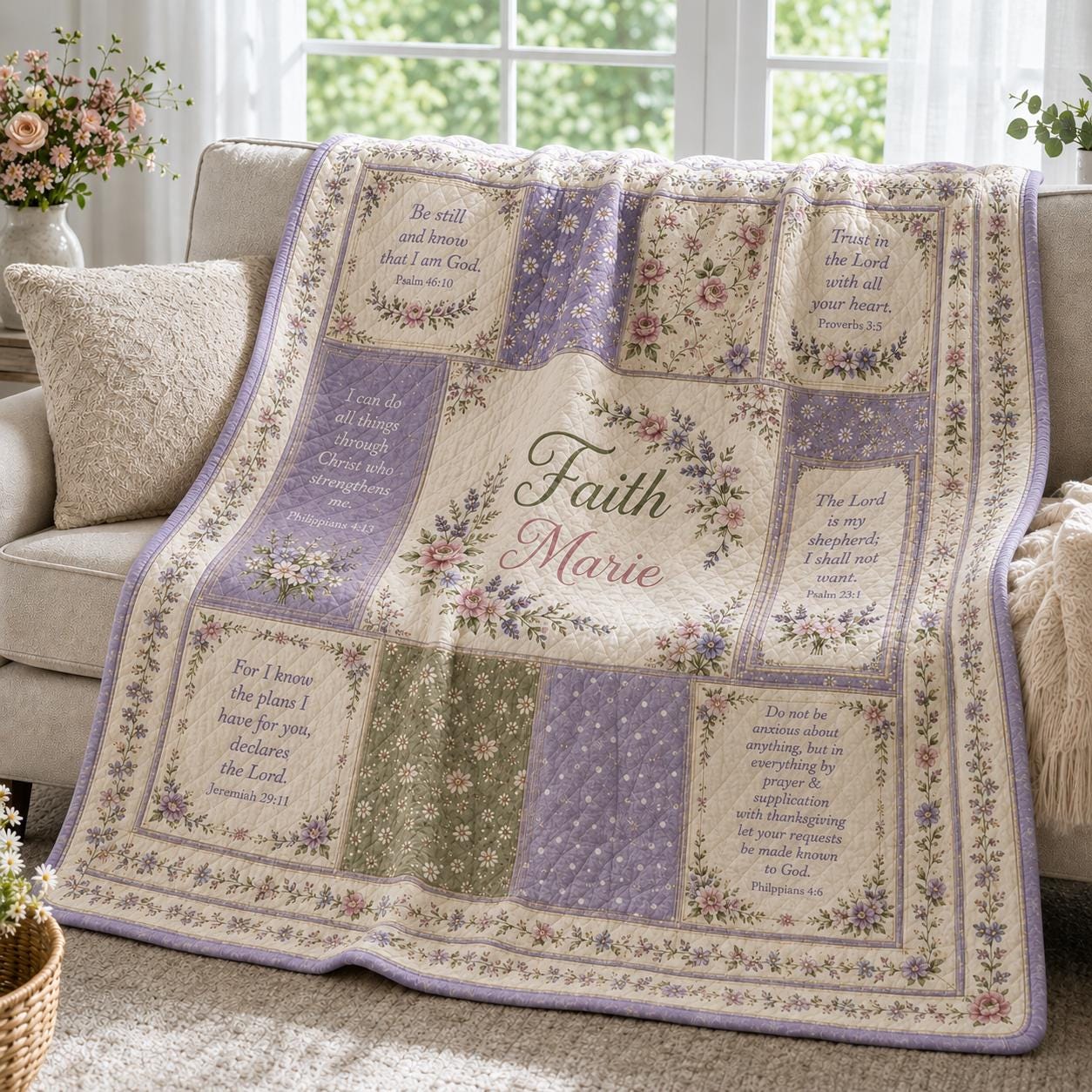 Christian Floral Patchwork Custom Quilted Style Blanket with Bible Verses, Personalized Name Cottagecore Bedding and Faith Prayer Throw - photo 12