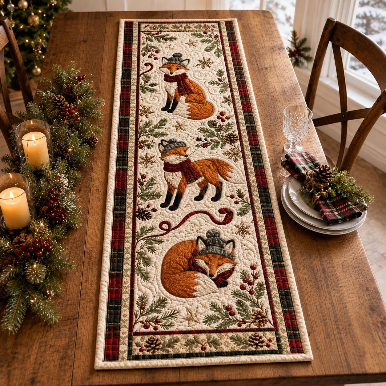 Quilted Style Woodland Fox Table Runner – Rustic Cabin Kitchen Accent and Christmas Holiday Decor for Animal Lover Gifts