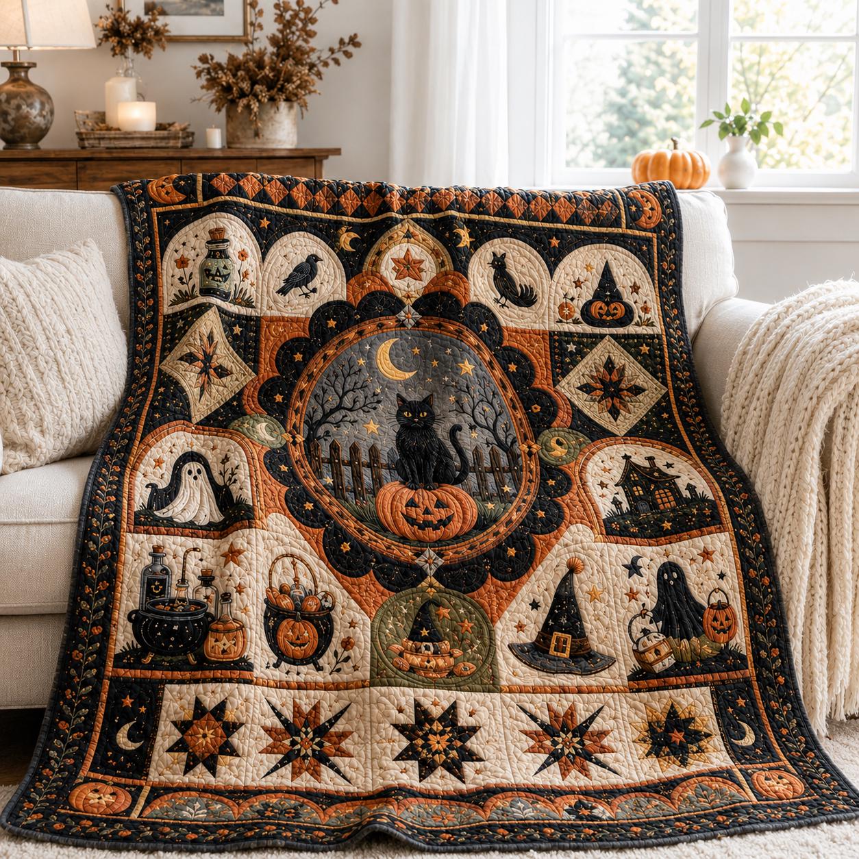 Halloween Quilt Blanket with Vintage Pumpkin Ghost Patchwork Throw, Black Cat Witch Fall Decor, and Spooky Season Gift