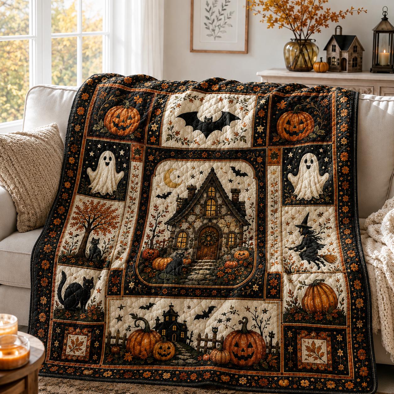 Halloween Quilt Blanket with Vintage Pumpkin Ghost Patchwork Throw, Black Cat Witch Fall Decor, and Spooky Season Gift - photo 3