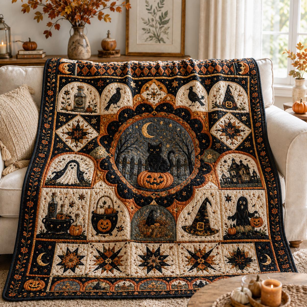 Halloween Quilt Blanket with Vintage Pumpkin Ghost Patchwork Throw, Black Cat Witch Fall Decor, and Spooky Season Gift - photo 8