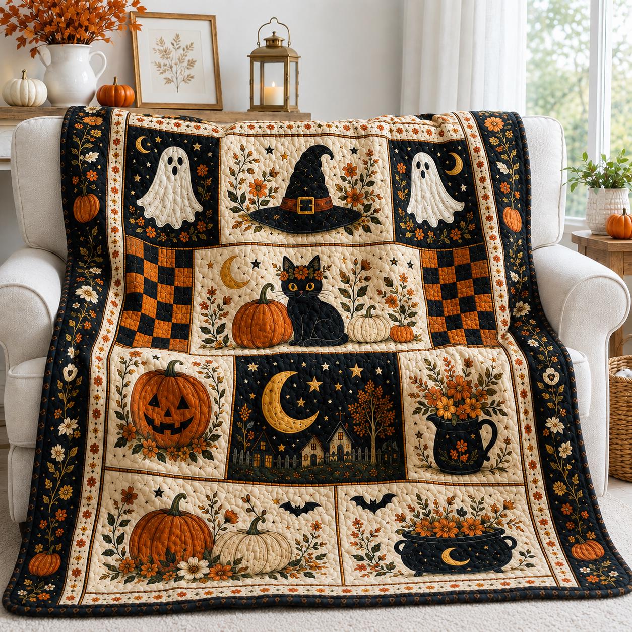 Halloween Quilt Blanket with Vintage Pumpkin Ghost Patchwork Throw, Black Cat Witch Fall Decor, and Spooky Season Gift - photo 9