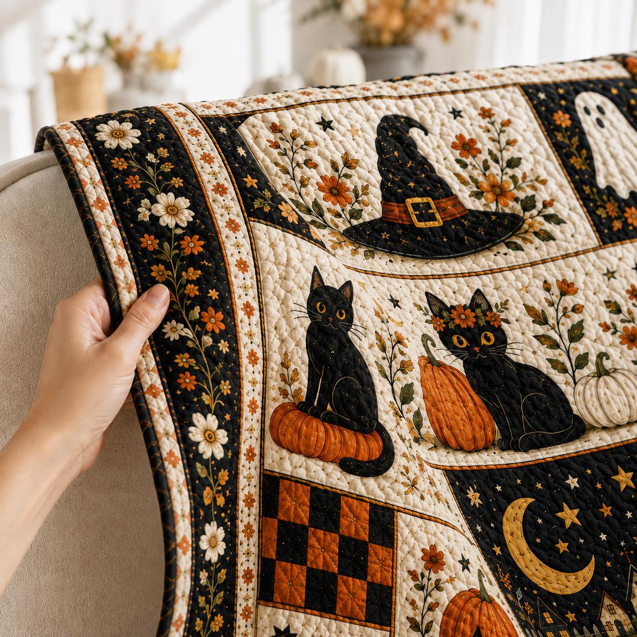 Halloween Quilt Blanket with Vintage Pumpkin Ghost Patchwork Throw, Black Cat Witch Fall Decor, and Spooky Season Gift - photo 10
